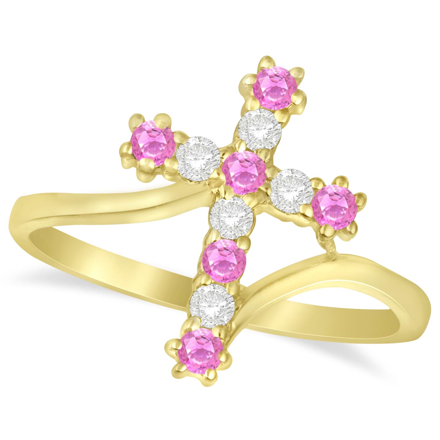 Diamond & Pink Sapphire Religious Cross Twisted Ring 14k Yellow Gold (0.33ct)