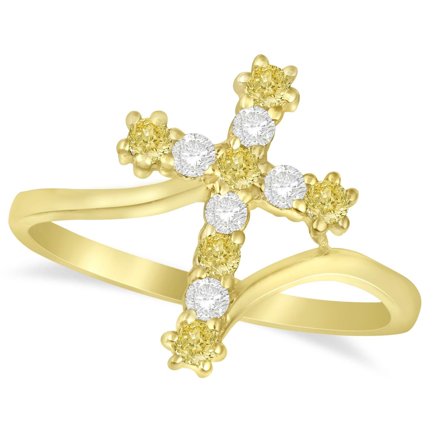 White & Yellow Diamond Religious Cross Twisted Ring 14k Yellow Gold (0.33ct)
