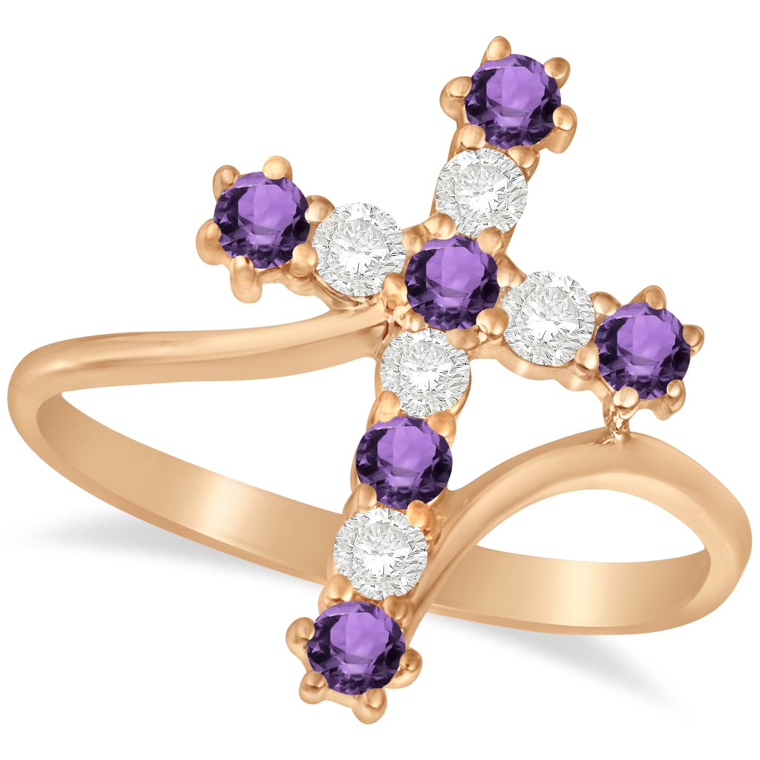 Diamond & Amethyst Religious Cross Twisted Ring 14k Rose Gold (0.51ct)