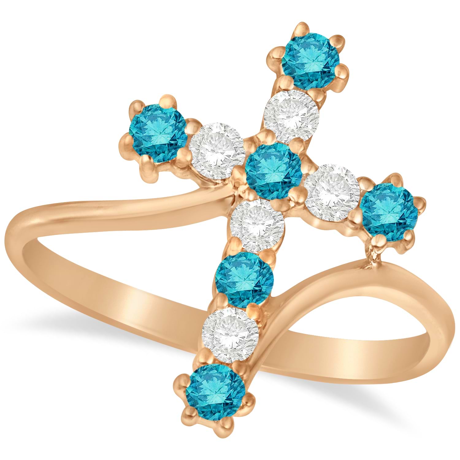 Blue & White Diamond Religious Cross Twisted Ring 14k Rose Gold (0.51ct)