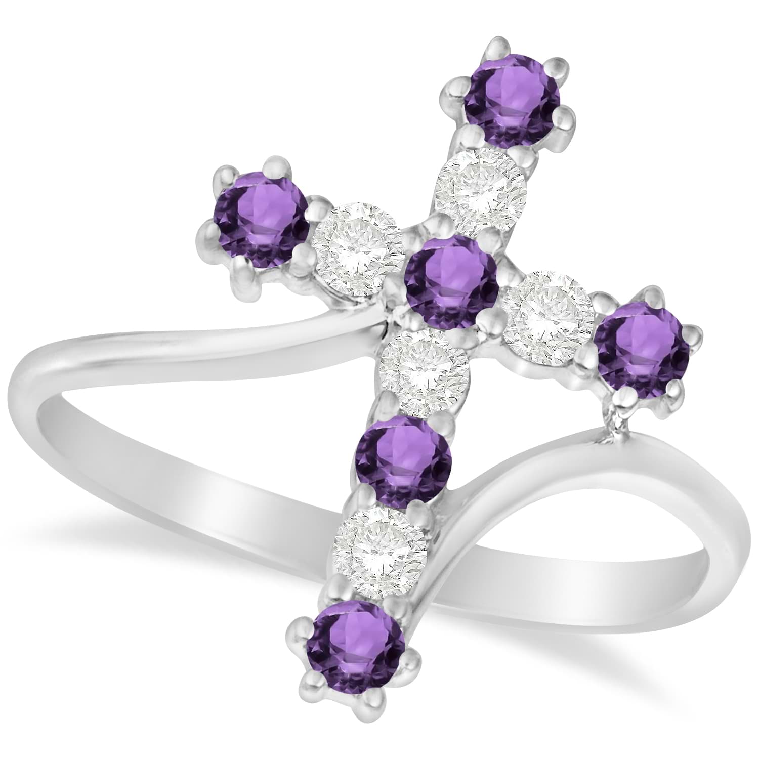 Diamond & Amethyst Religious Cross Twisted Ring 14k White Gold (0.51ct)