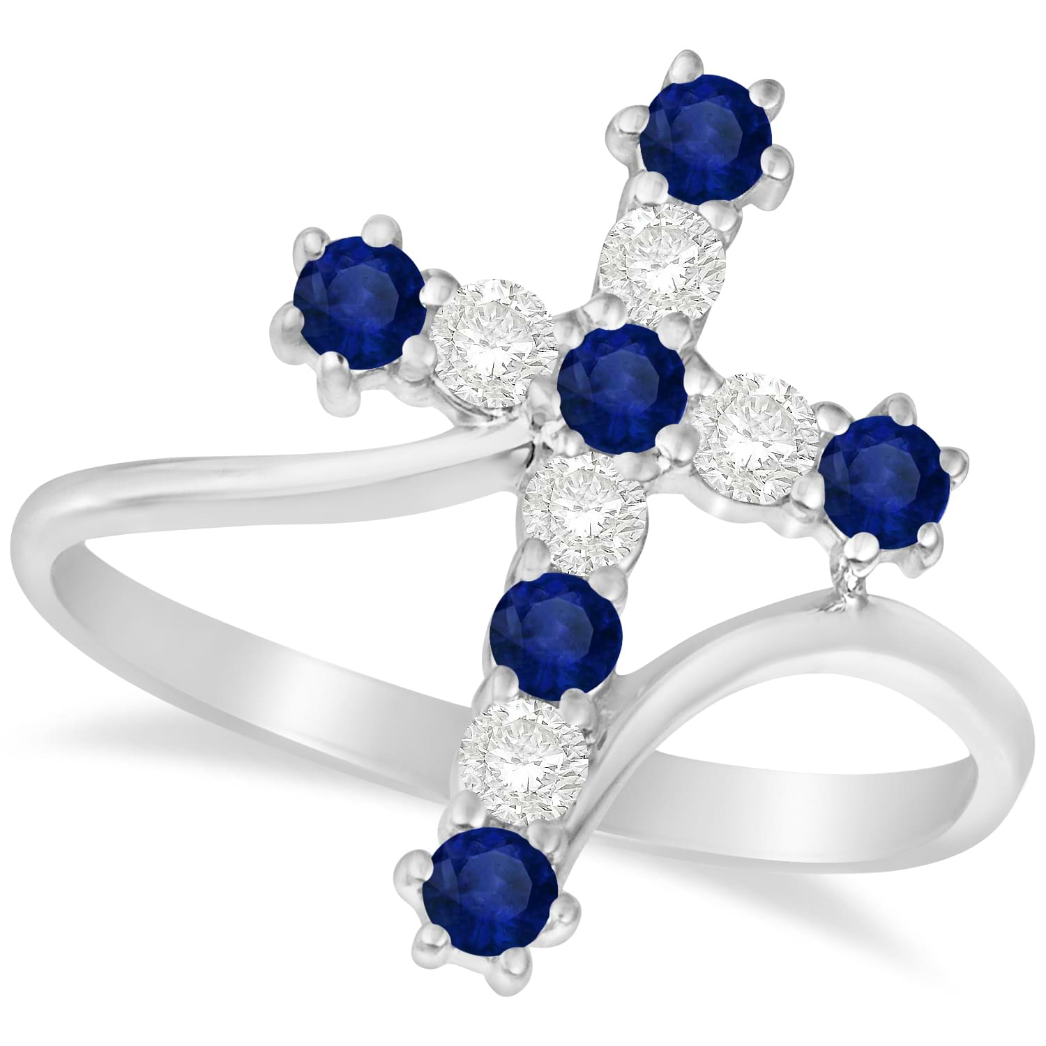 Diamond & Blue Sapphire Religious Cross Twisted Ring 14k White Gold (0.51ct)