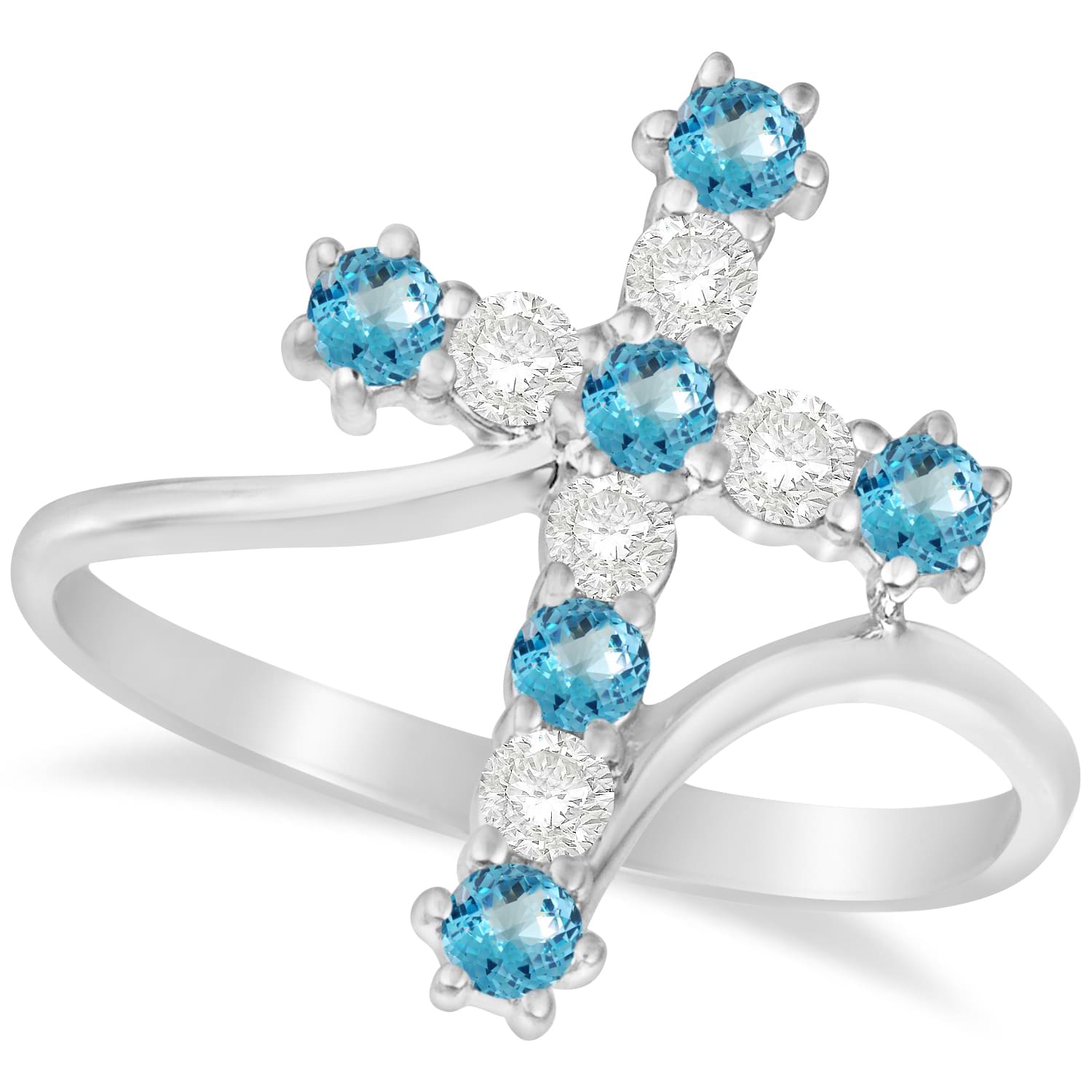 Diamond & Blue Topaz Religious Cross Twisted Ring 14k White Gold (0.51ct)