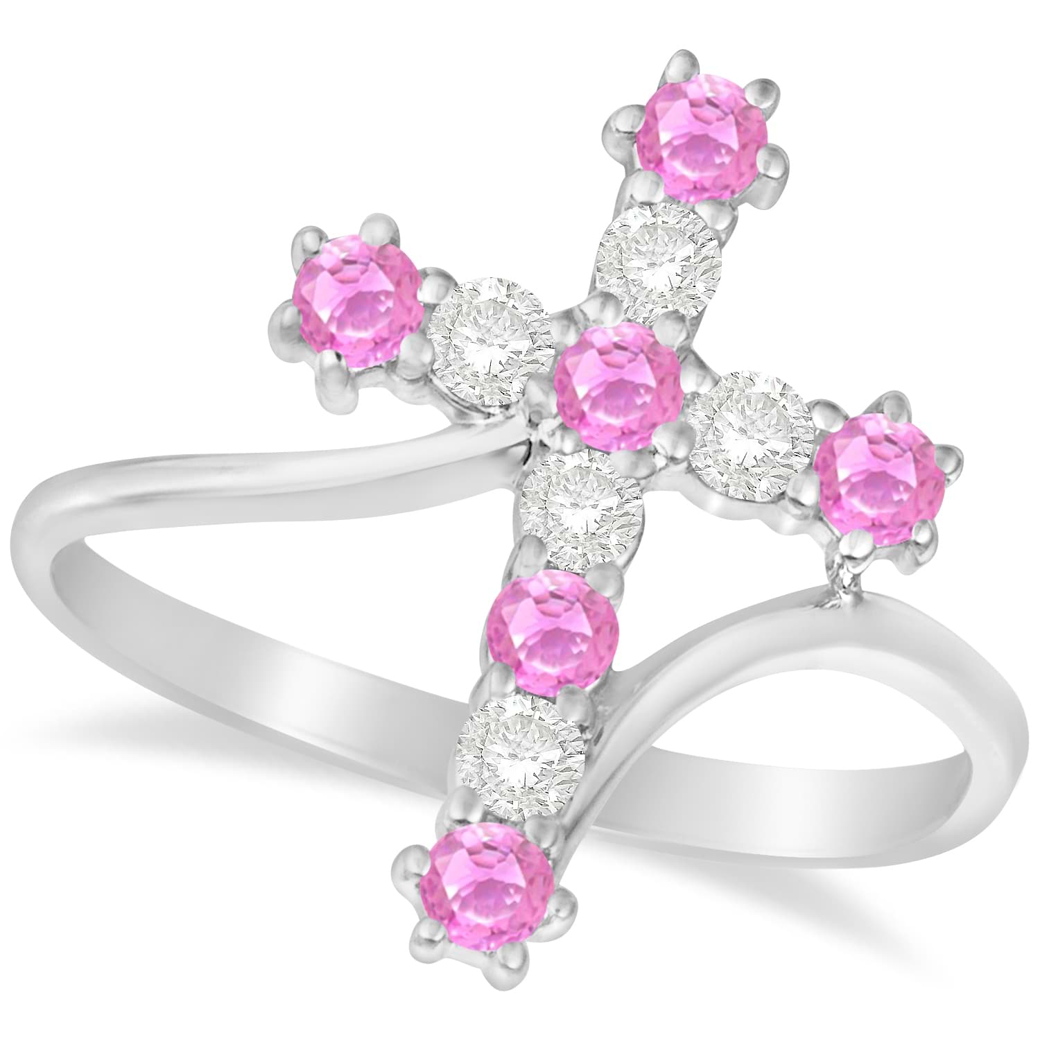 Diamond & Pink Sapphire Religious Cross Twisted Ring 14k White Gold (0.51ct)