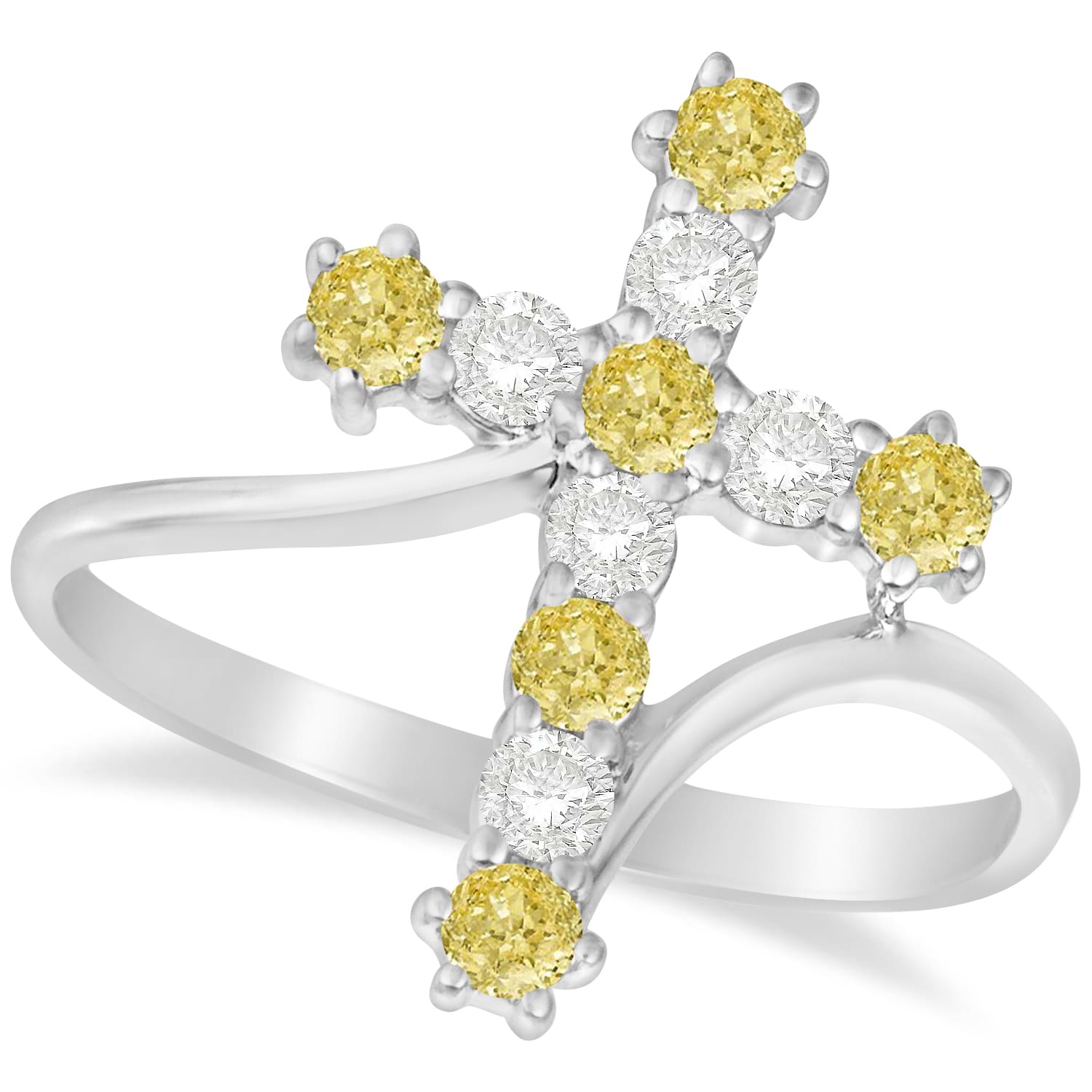 White & Yellow Diamond Religious Cross Twisted Ring 14k White Gold (0.51ct)