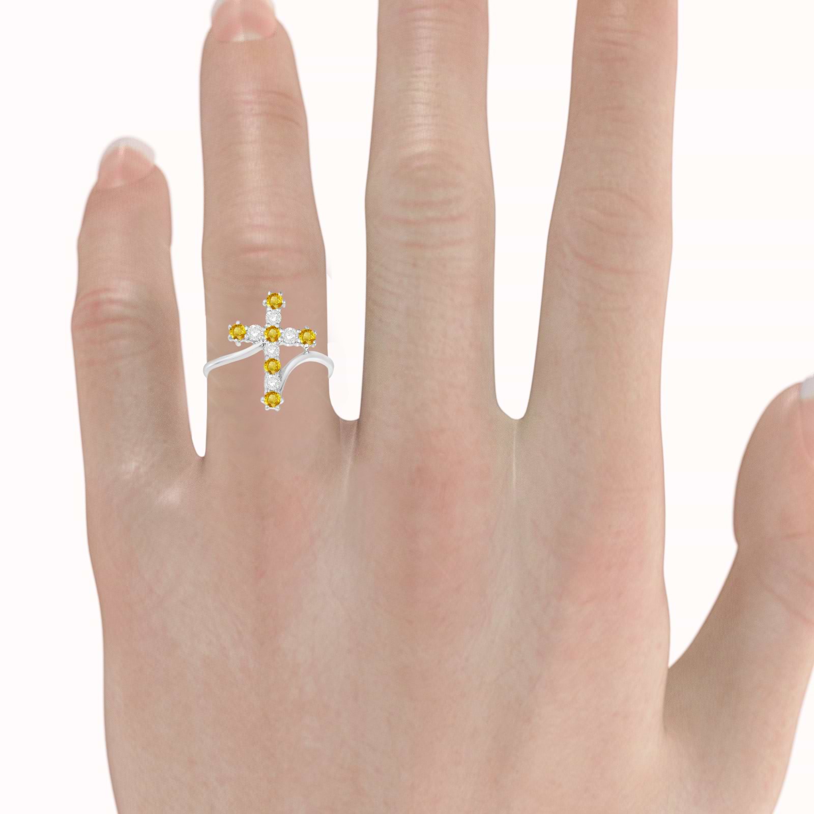 Diamond & Yellow Sapphire Religious Cross Twisted Ring 14k White Gold (0.51ct)