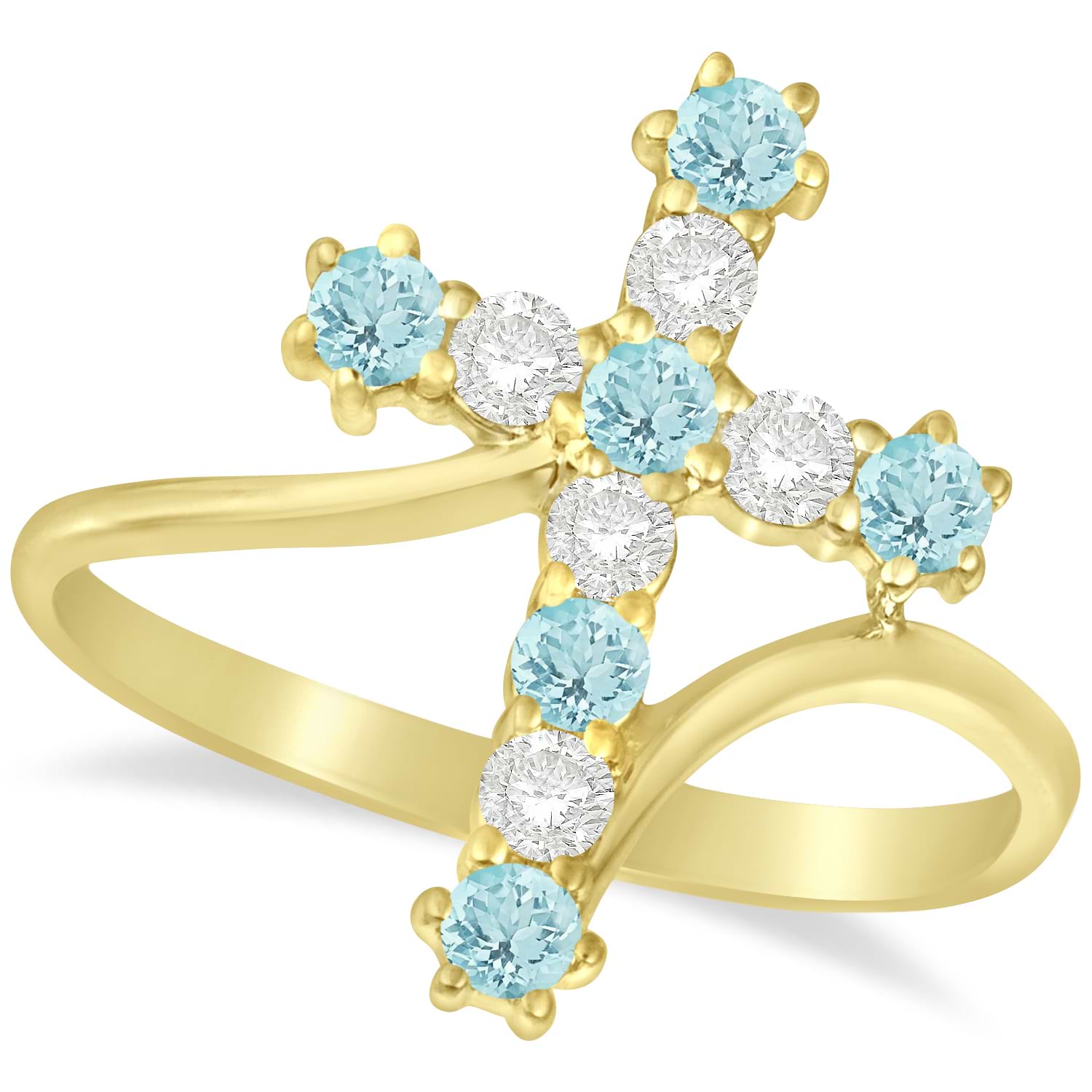 Diamond & Aquamarine Religious Cross Twisted Ring 14k Yellow Gold (0.51ct)