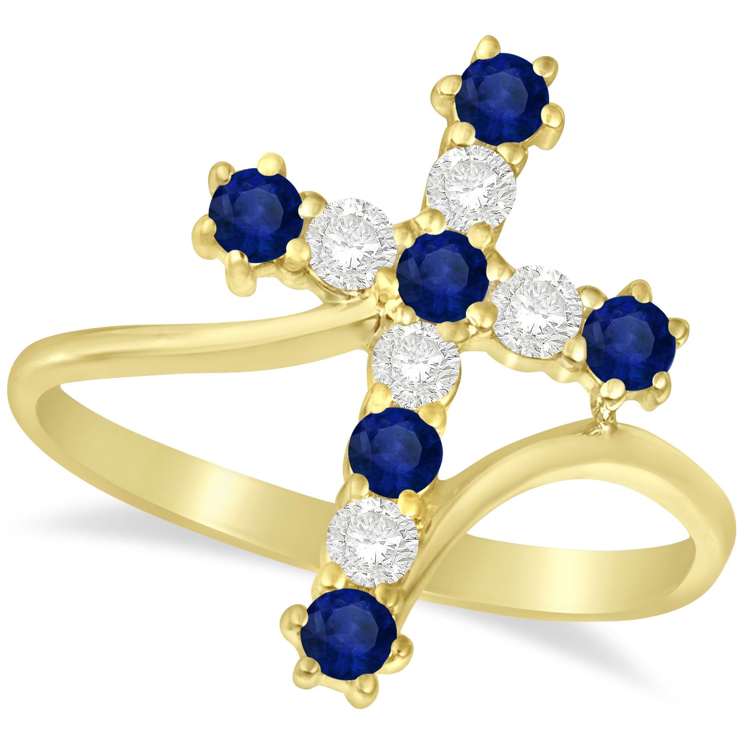 Diamond & Blue Sapphire Religious Cross Twisted Ring 14k Yellow Gold (0.51ct)
