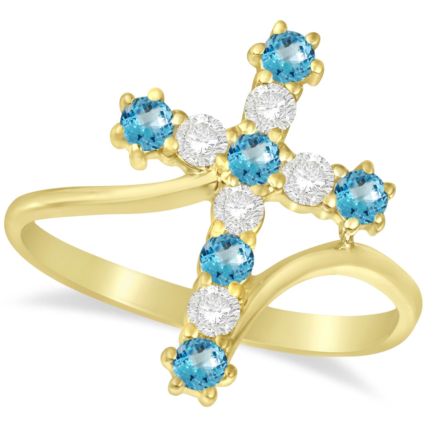 Diamond & Blue Topaz Religious Cross Twisted Ring 14k Yellow Gold (0.51ct)