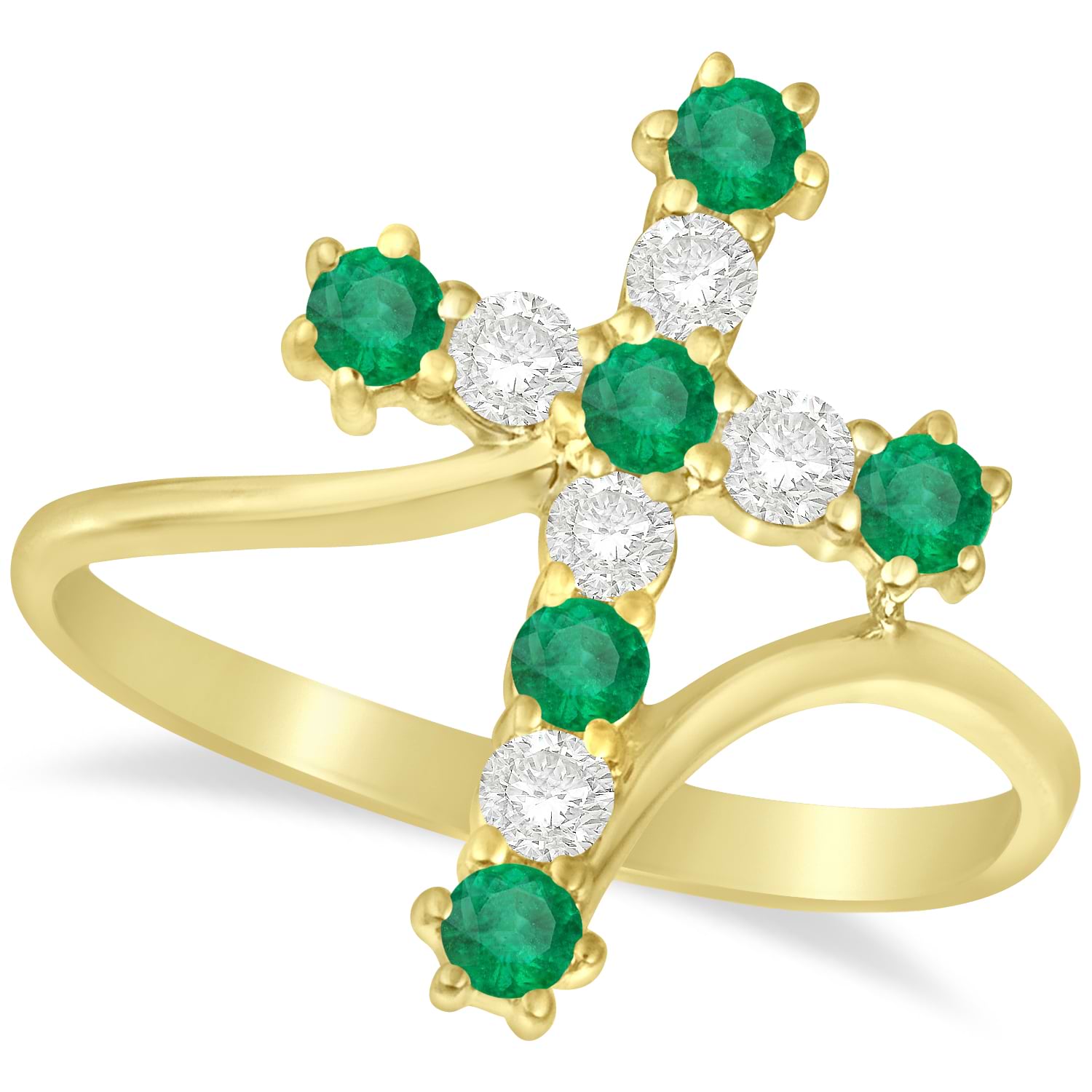 Diamond & Emerald Religious Cross Twisted Ring 14k Yellow Gold (0.51ct)