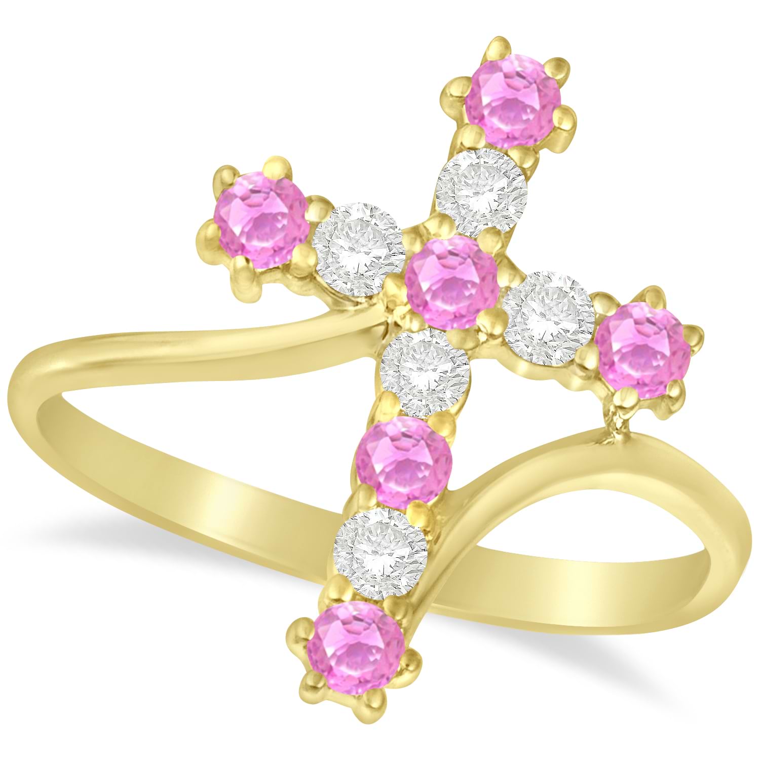Diamond & Pink Sapphire Religious Cross Twisted Ring 14k Yellow Gold (0.51ct)