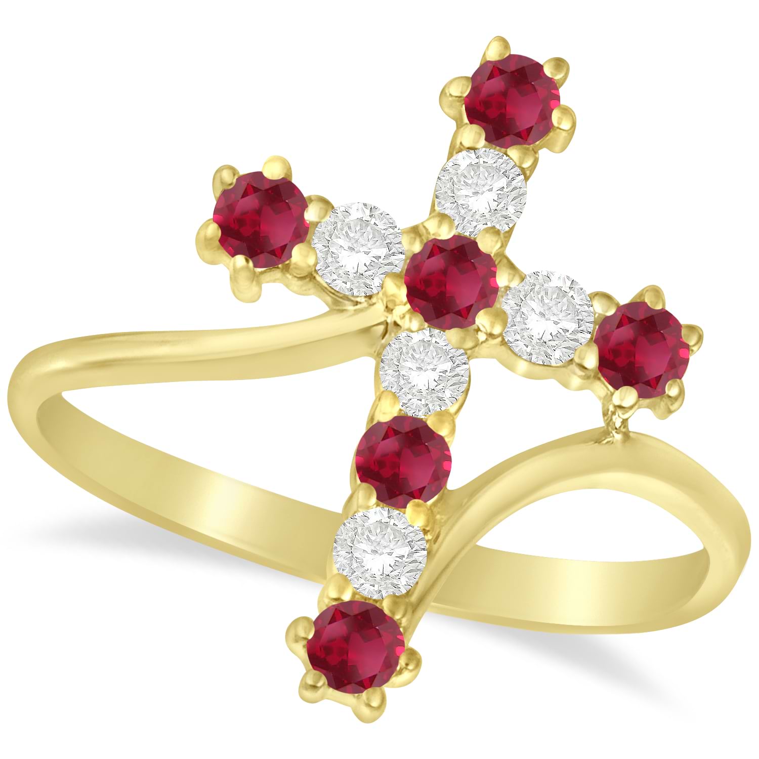Diamond & Ruby Religious Cross Twisted Ring 14k Yellow Gold (0.51ct)