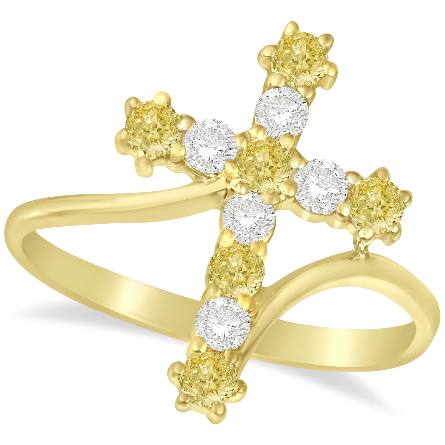 White & Yellow Diamond Religious Cross Twisted Ring 14k Yellow Gold (0.51ct)