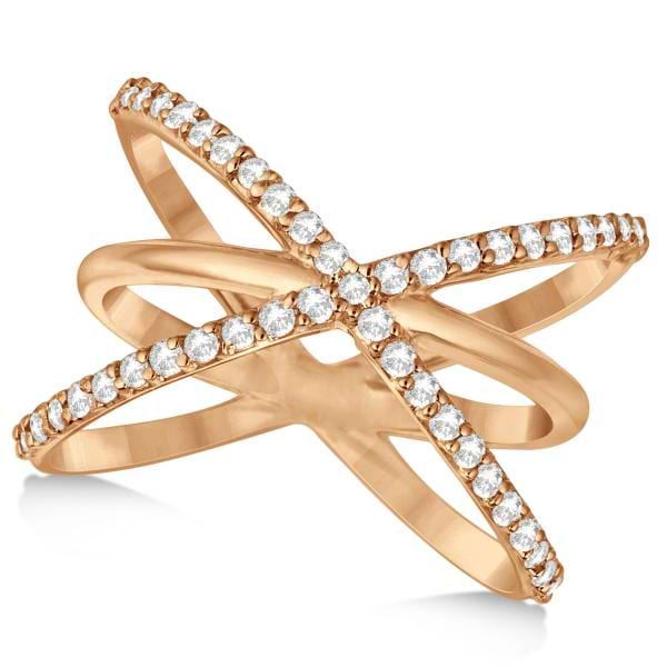 Diamond "X" Ring with Three Criss Cross Bands 14k Rose Gold 0.50ct.