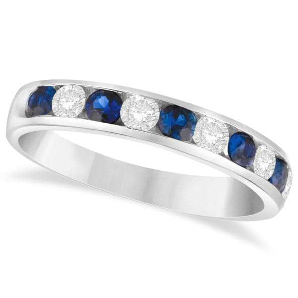 Channel Set Blue Sapphire & Diamond Ring 14k White Gold 0.79ctw