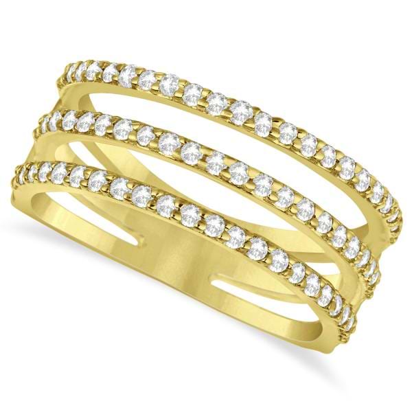 Three Band Diamond Ring Pave Set 14k Yellow Gold 0.60ct