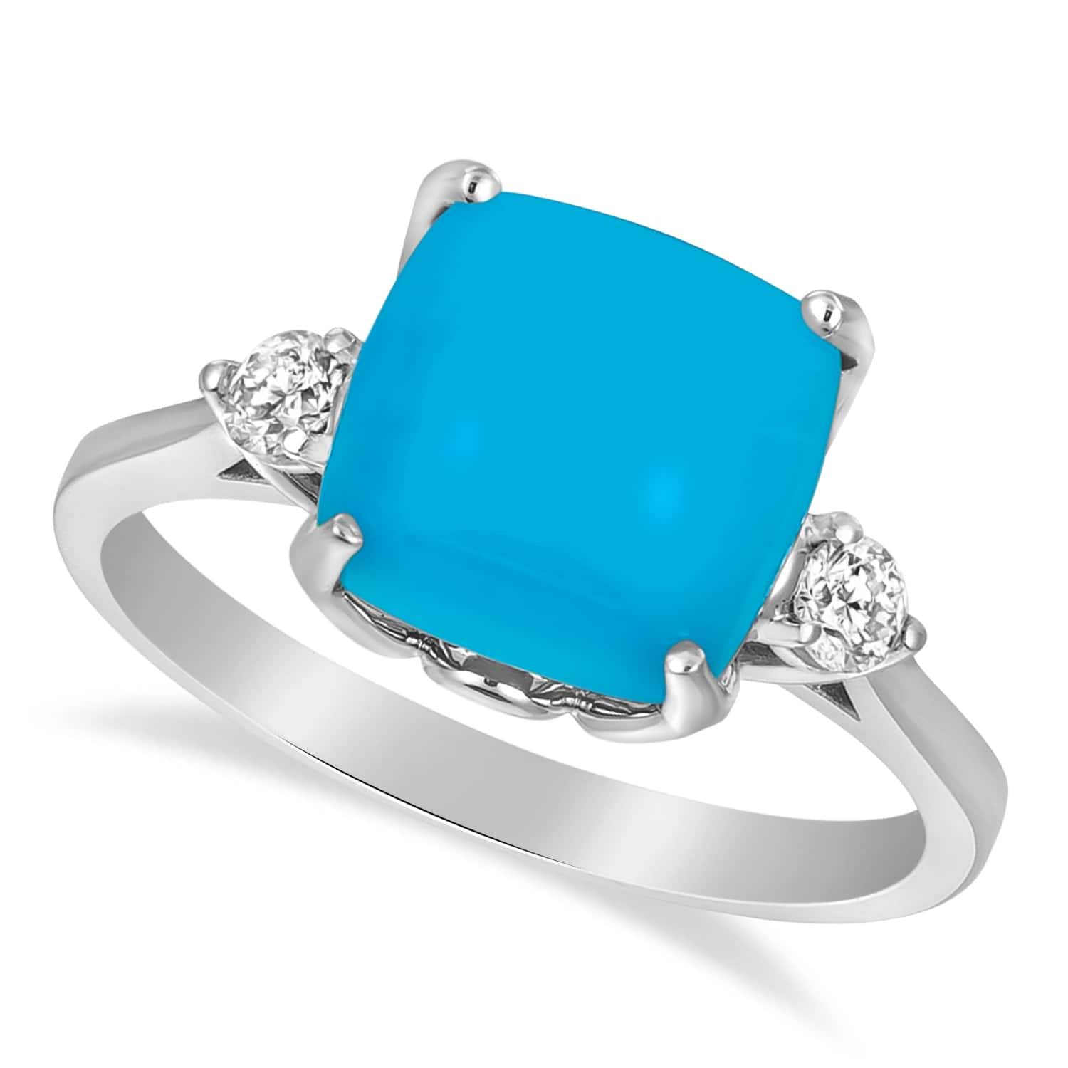 Turquoise Ring with Two Diamonds 14k White Gold (3.17ct)