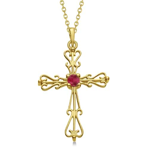 Vintage Inspired Ruby Cross Pendant Necklace 14K Yellow Gold (0.23tct)