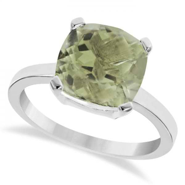 Cushion Solitaire Green Amethyst Ring Sterling Silver (3.70ct)