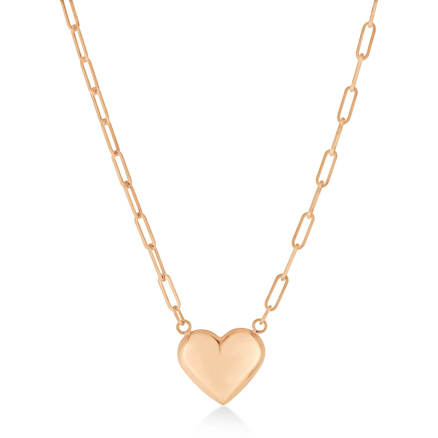 Paperclip Puffed Heart Pendant Necklace 14k Rose Gold