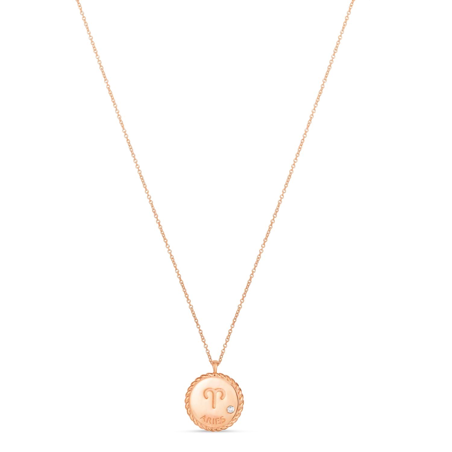 Aries Zodiac Diamond Medallion Disk Pendant Necklace 14k Rose Gold