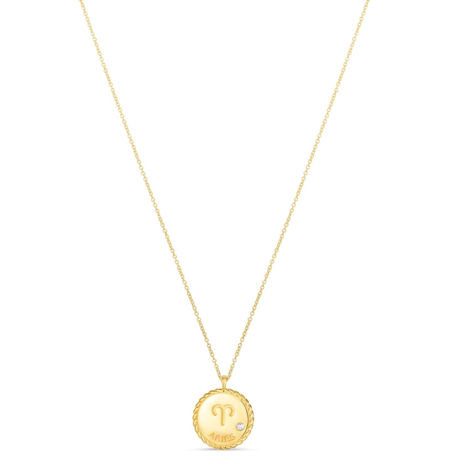 Aries Zodiac Diamond Medallion Disk Pendant Necklace 14k Yellow Gold