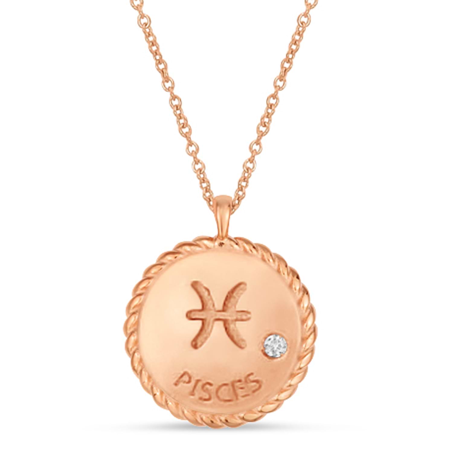 Pisces Zodiac Diamond Medallion Disk Pendant Necklace 14k Rose Gold
