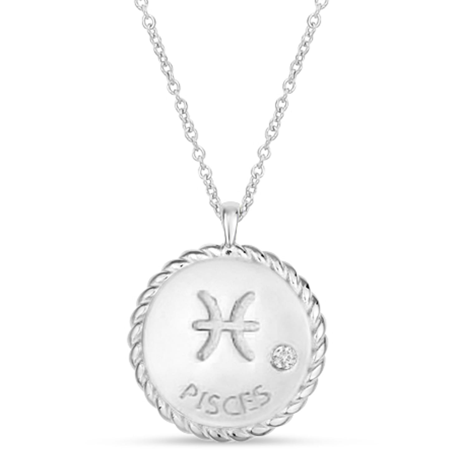 Pisces Zodiac Diamond Medallion Disk Pendant Necklace 14k White Gold
