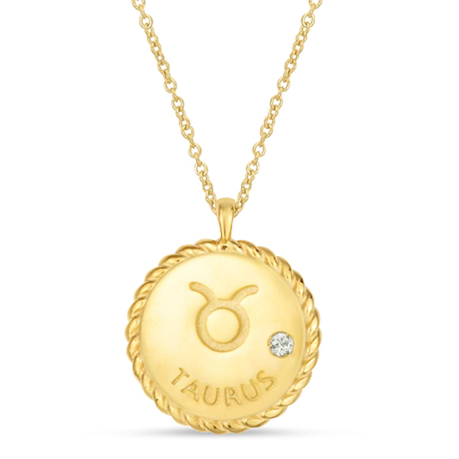 Taurus Zodiac Diamond Medallion Disk Pendant Necklace 14k Yellow Gold