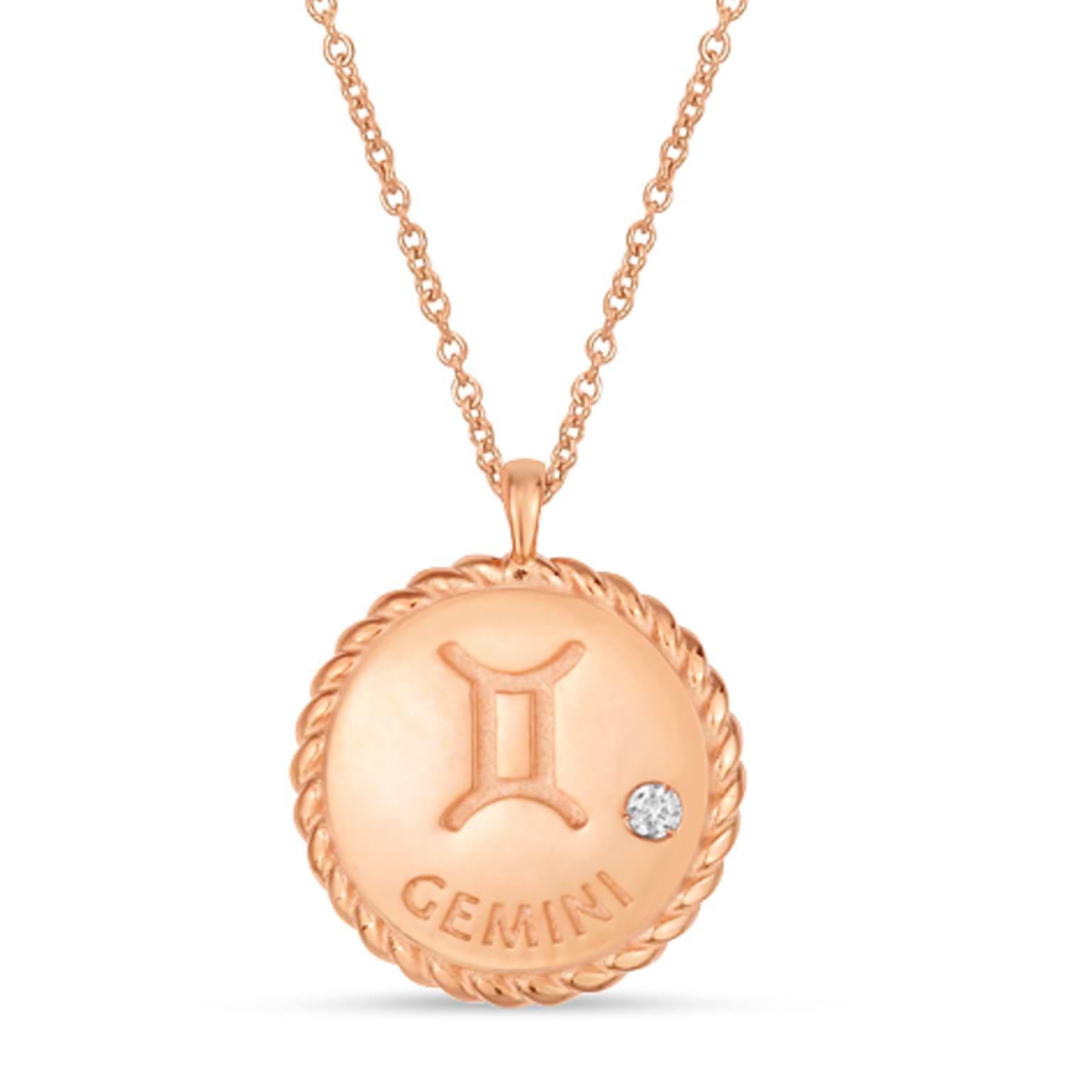 Gemini Zodiac Diamond Medallion Disk Pendant Necklace 14k Rose Gold