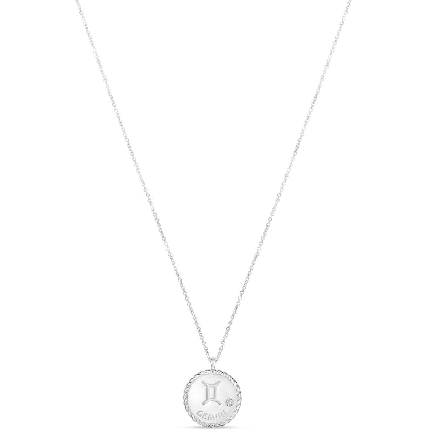 Gemini Zodiac Diamond Medallion Disk Pendant Necklace 14k White Gold