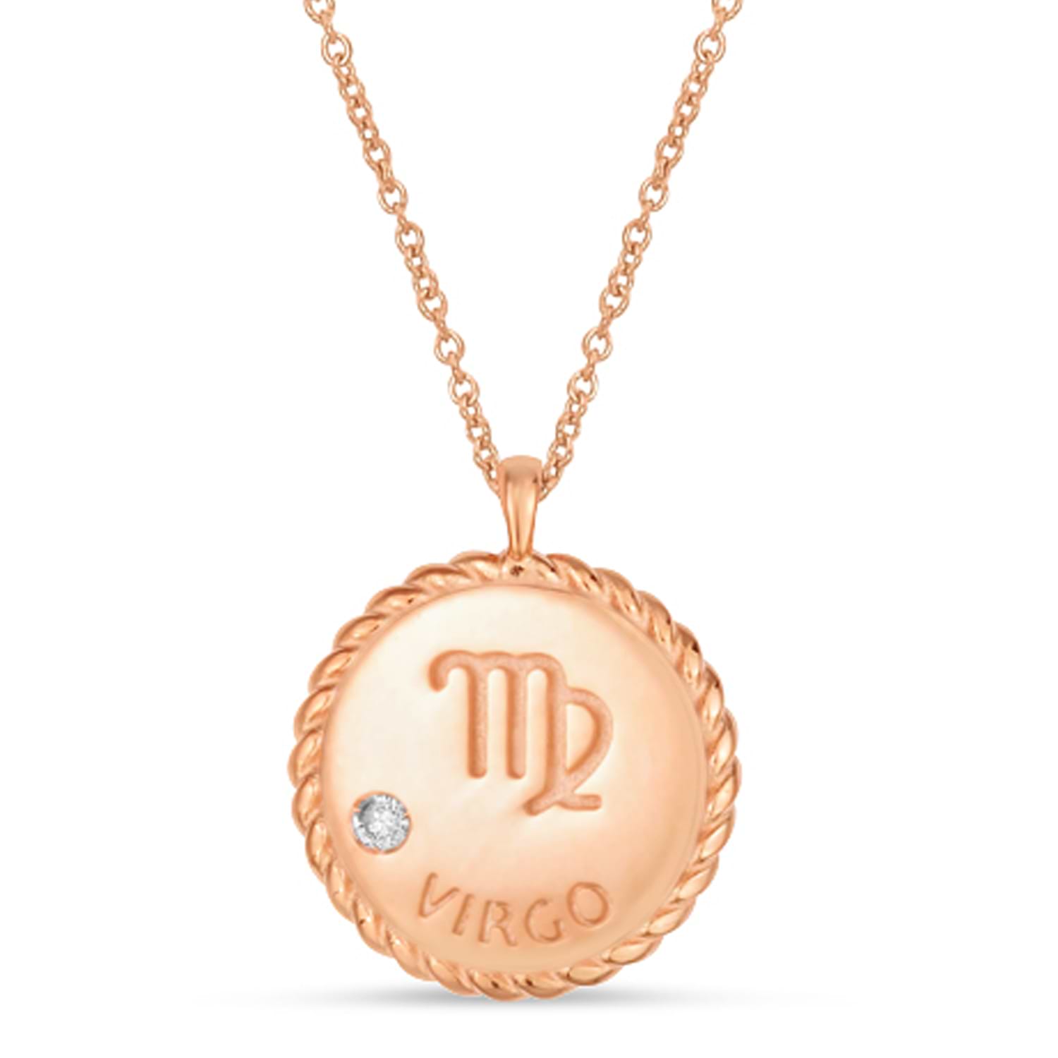 Virgo Zodiac Diamond Medallion Disk Pendant Necklace 14k Rose Gold