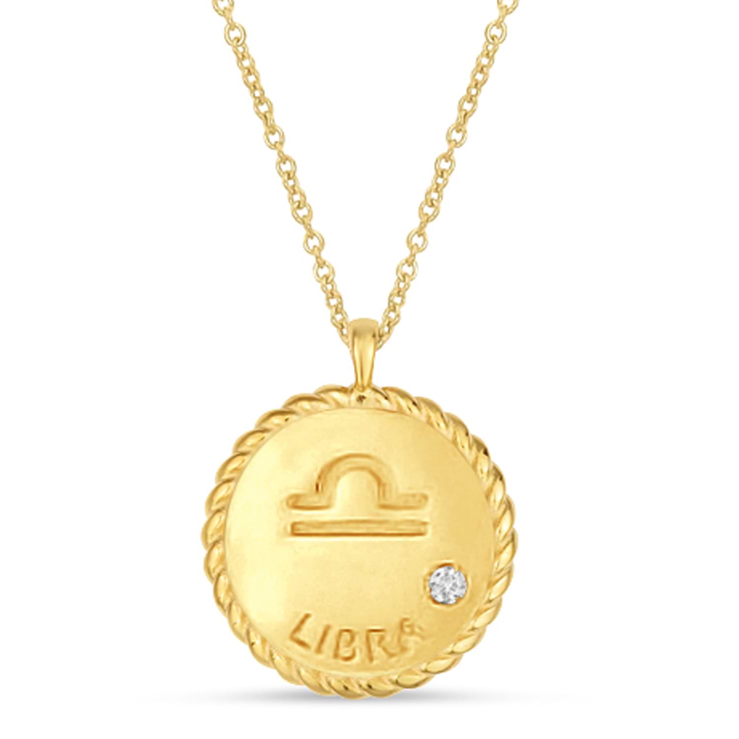 Libra Zodiac Diamond Medallion Disk Pendant Necklace 14k Yellow Gold