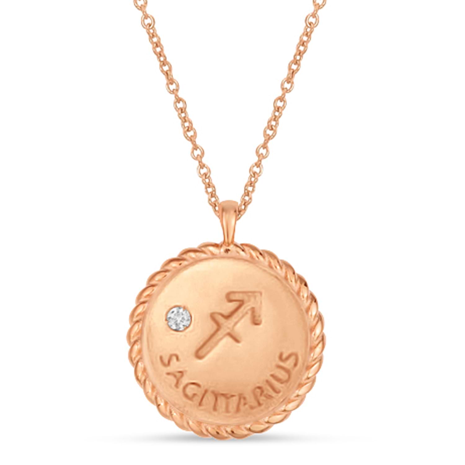 Sagittarius Zodiac Diamond Medallion Disk Pendant Necklace 14k Rose Gold