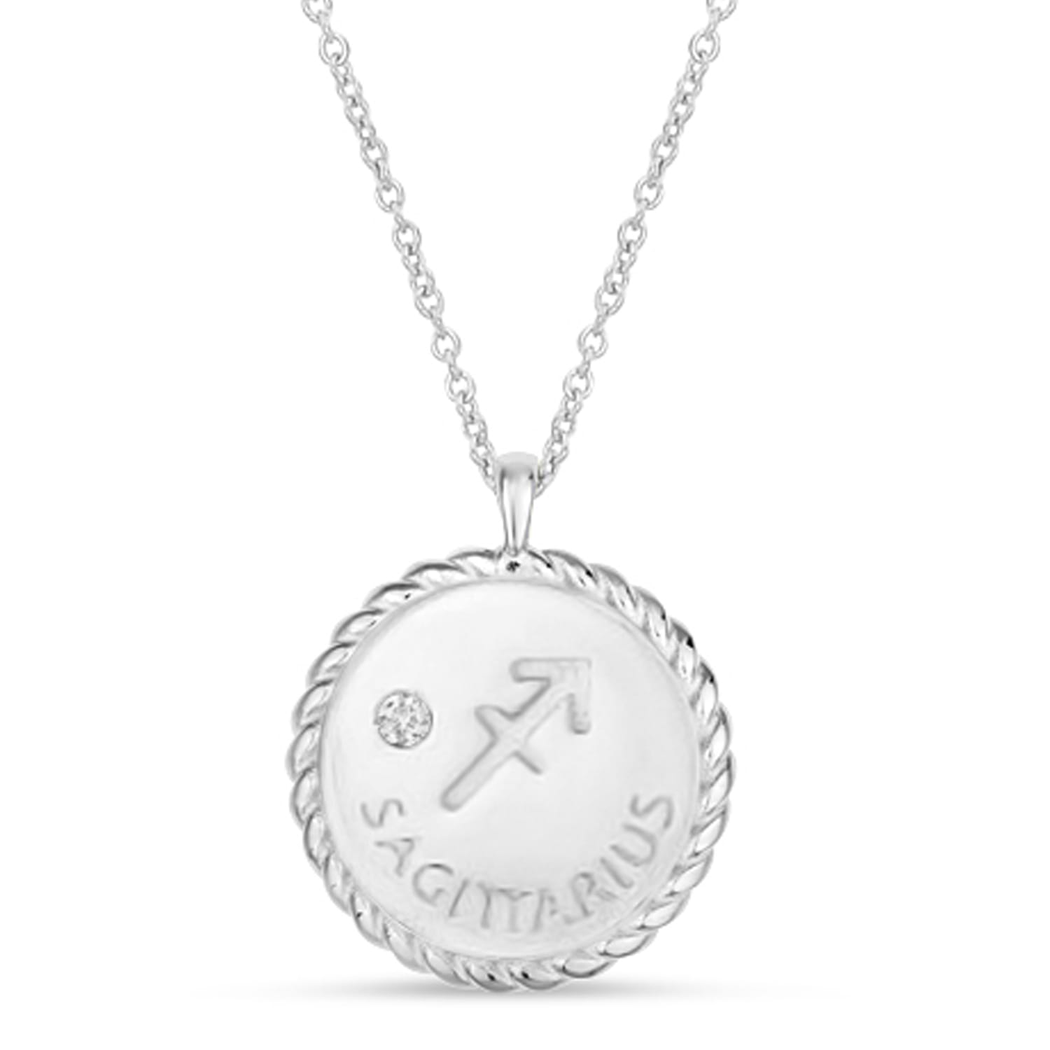 Sagittarius Zodiac Diamond Medallion Disk Pendant Necklace 14k White Gold