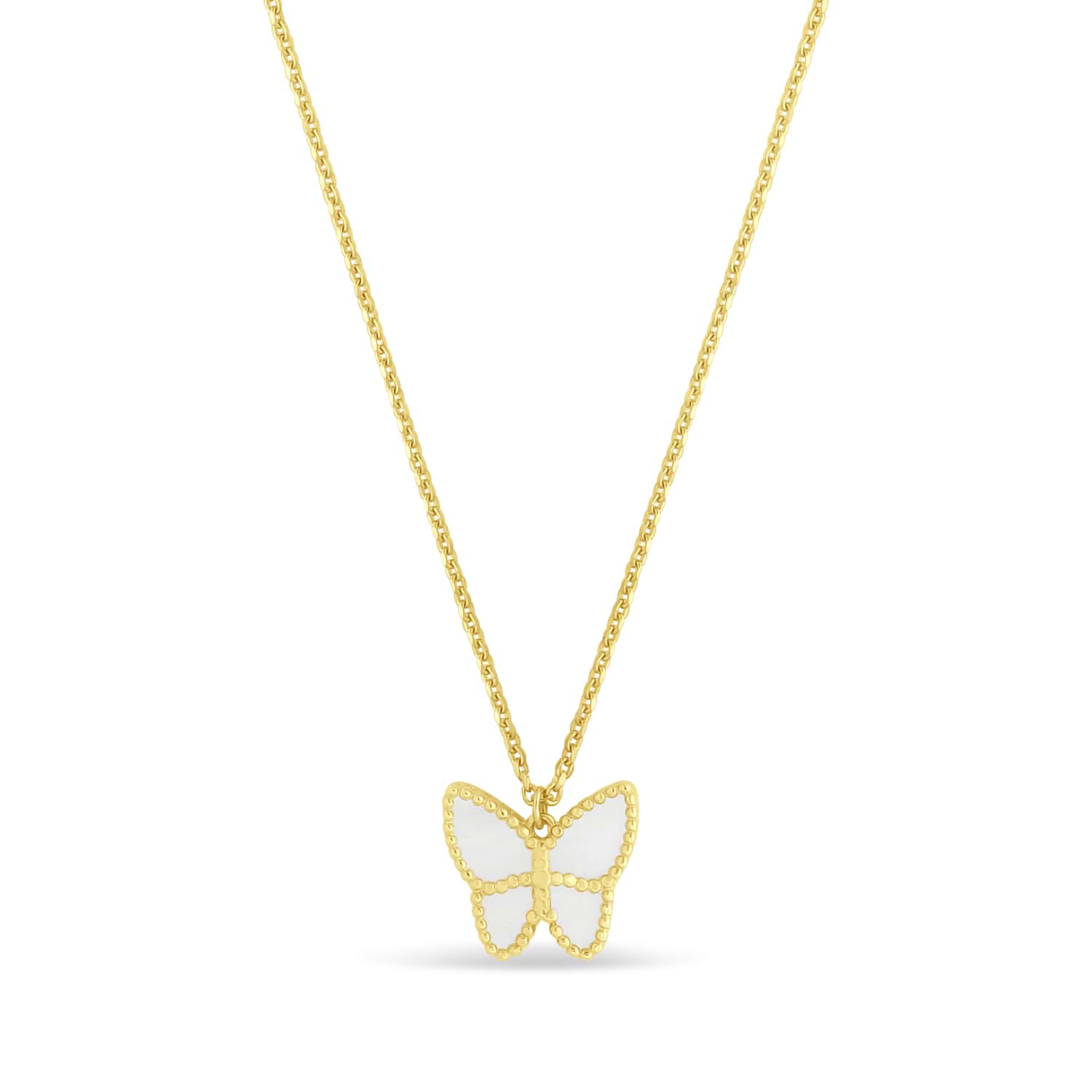 Mother of Pearl Butterfly Pendant Necklace 14k Yellow Gold
