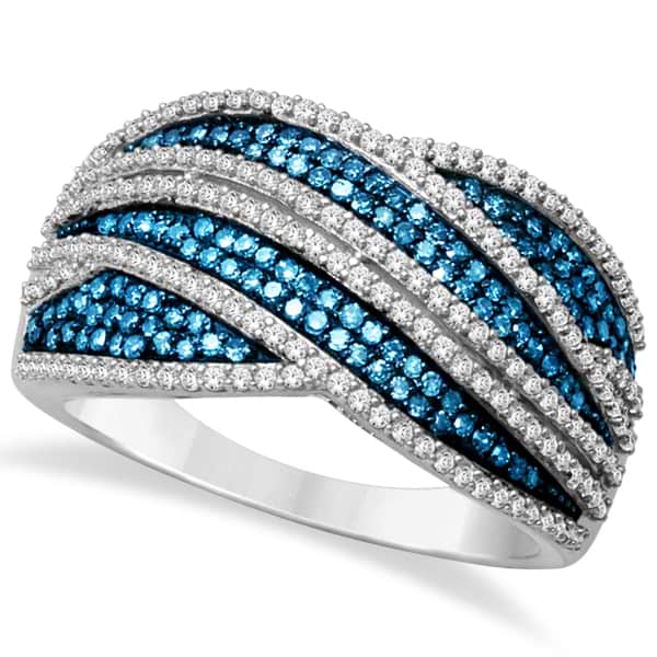 White and Blue Diamond Interlocking Wide Ring Sterling Silver (0.75ct)