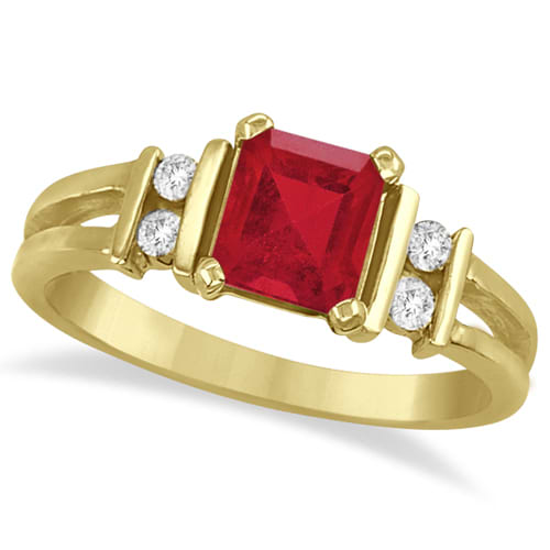 Emerald Cut Ruby and Diamond Ring 14k Yellow Gold (1.10ct)