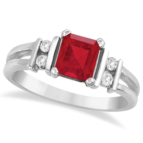Emerald Cut Ruby and Diamond Ring 14k White Gold (1.10ct)
