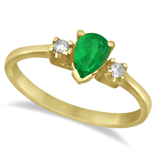 Pear Emerald and Diamond Three Stone Ring 14k Yellow Gold (0.45ct)