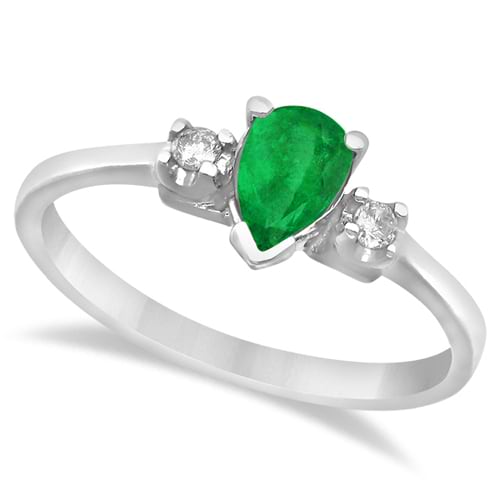 Pear Emerald and Diamond Three Stone Ring 14k White Gold (0.45ct)