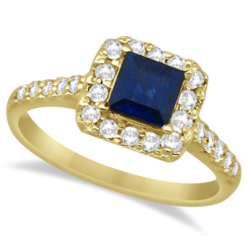 Blue Sapphire Princess Cut Halo Ring 14k Yellow Gold (1.00ctw)