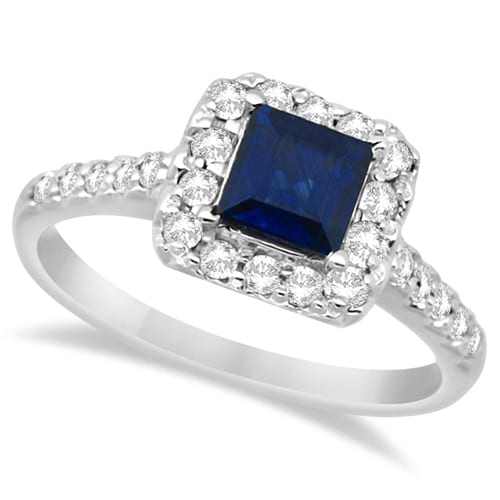 Blue Sapphire Princess Cut Halo Ring 14k White Gold (1.00ctw)