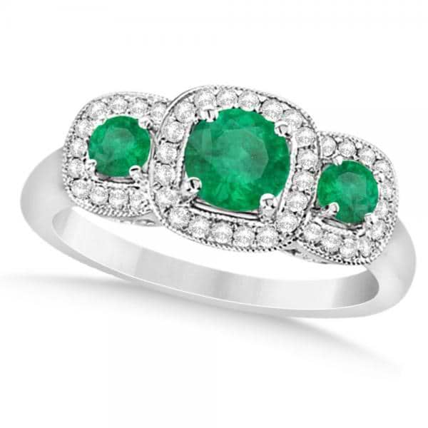 Diamond & Emerald Three Stone Fashion Ring in 14k White Gold (0.95ct)