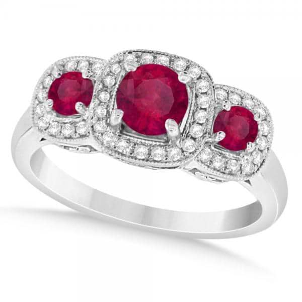 Diamond & Ruby Three Stone Fashion Ring in 14k White Gold (1.06ct)