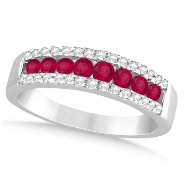 Diamond Accented Ruby Wedding Band in 14k White Gold (0.78ct)