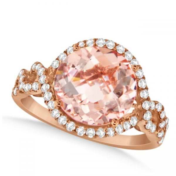 Round Morganite & Halo Diamond Ring Twisted 14k Pink Gold 3.79ct