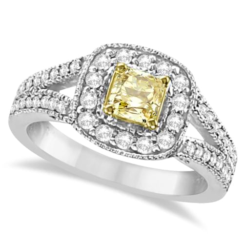 Yellow Diamond Radiant Millgrain-Edge Ring 14k White Gold (0.90ct)