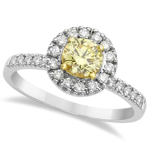 Halo Round Yellow Diamond Engagement Ring 14k White Gold (0.85ct)