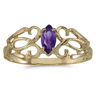 Marquise Amethyst Filigree Ring Antique Style 14k Yellow Gold